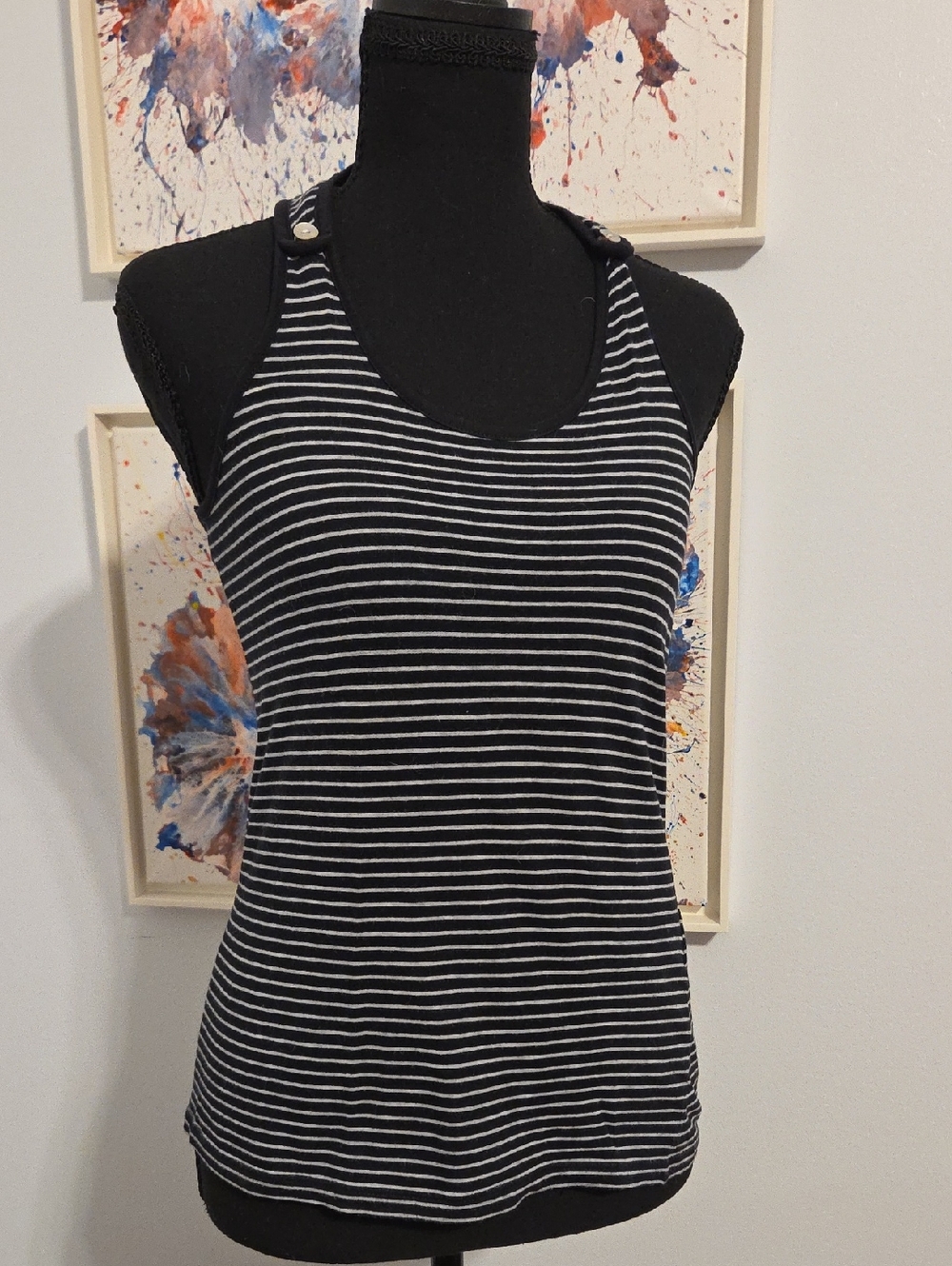 Ikks Black and White Striped Racerback Tank with Button-Strap